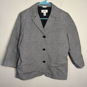 Talbots  Black White Irish Linen Blazer Jacket Sz 10‎  Houndstooth 3/4 Sleeve